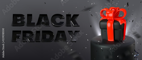 Black Friday. Large voluminous header, 3D gift on the podium. Sale and discounts. Vector graphics.