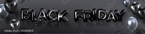 Black Friday, black helium balloons, confetti. Festive banner in realistic 3d style. Vector graphics.