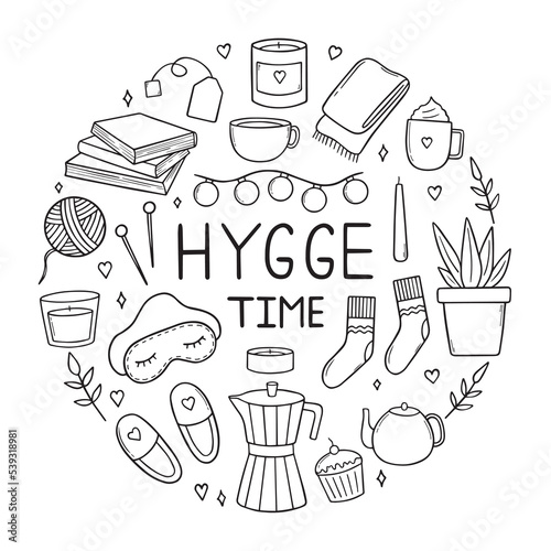 Home hygge doodle set. Coziness and comfortable lifestyle, cozy home. Cushion, house plant, mask for sleep, socks in sketch style.  Hand drawn vector illustration isolated on white background.