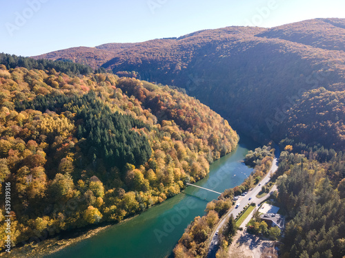 Aerial Autumn view of Pasarel reservoir, Bulgaria