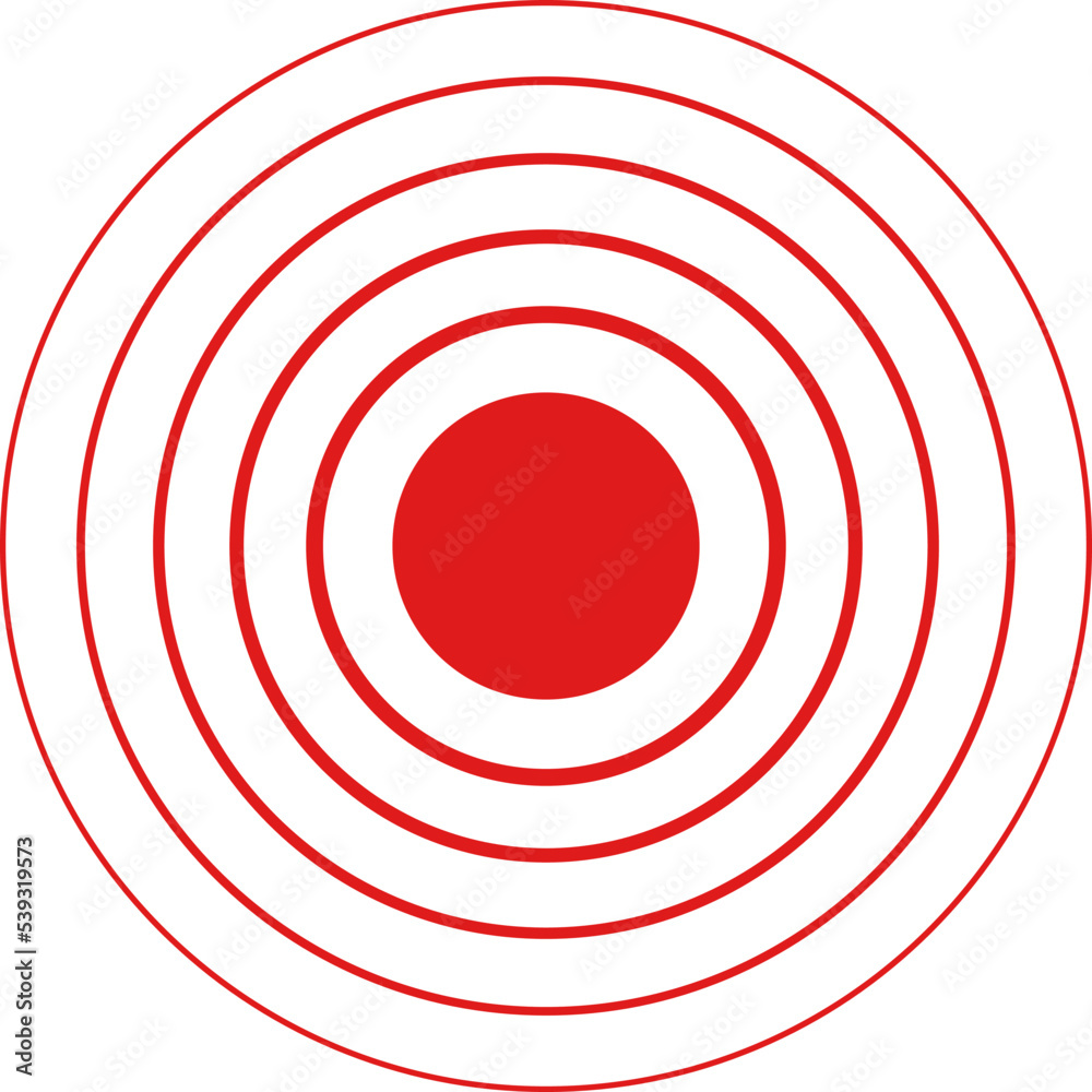 Pain icon with point and red waves. Target and coverage of ache. Circle of sore in muscle, neck, stomach, throat and joint. Hurt of body. Vector illustration. Pain icon with point and red waves. Target and coverage of ache. Circle of sore in muscle, neck, stomach, throat and joint. Hurt of body. Vector illustration.