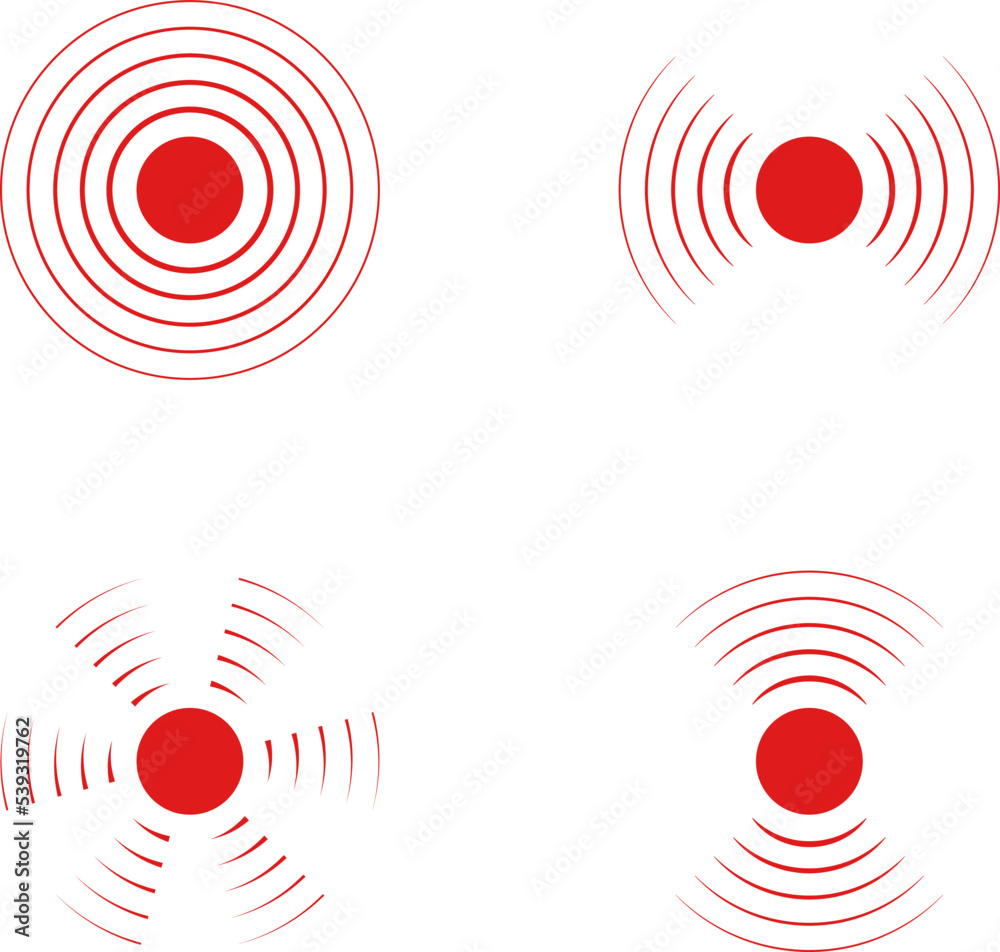 Pain icon with point and red waves. Target and coverage of ache. Circle of sore in muscle, neck, stomach, throat and joint. Hurt of body. Vector illustration. Pain icon with point and red waves. Target and coverage of ache. Circle of sore in muscle, neck, stomach, throat and joint. Hurt of body. Vector illustration.