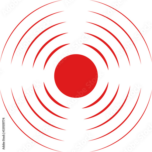 Pain icon with point and red waves. Target and coverage of ache. Circle of sore in muscle, neck, stomach, throat and joint. Hurt of body. Vector illustration.