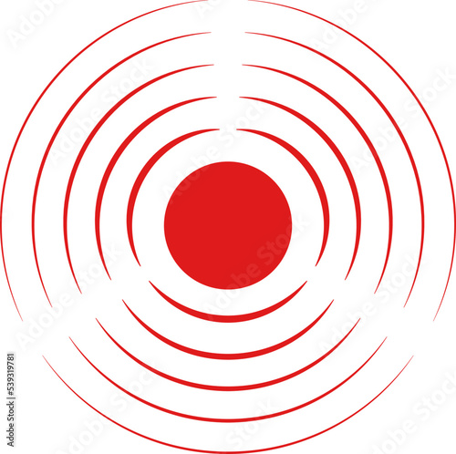 Pain icon with point and red waves. Target and coverage of ache. Circle of sore in muscle, neck, stomach, throat and joint. Hurt of body. Vector illustration.
