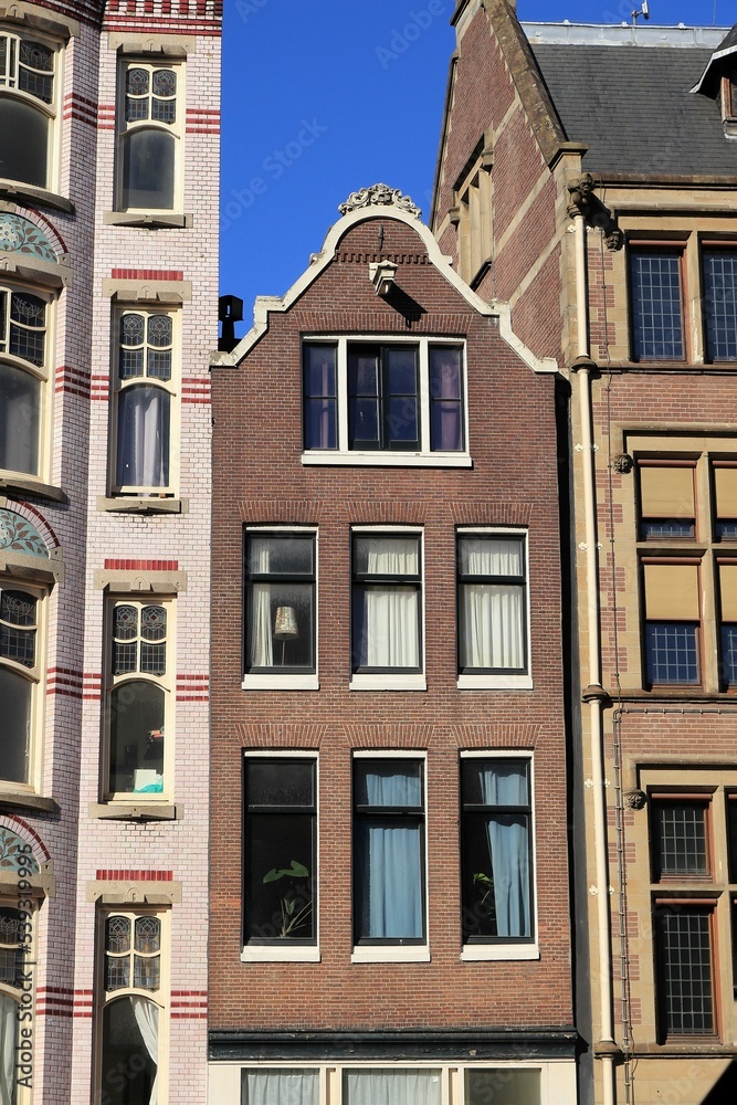 Amsterdam Nieuwezijds Voorburgwal Street Historic Brick House Facade, Netherlands