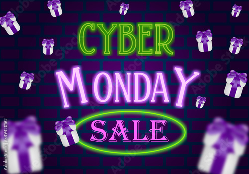 Cyber Monday sale neon banner with gift boxes on a brick background