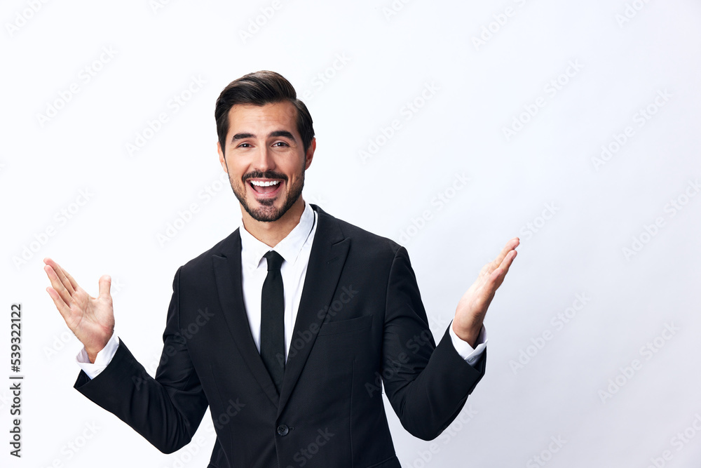 Portrait of man in expensive business suit smile with teeth happiness hands up thumbs up on white background isolated, copy place. Businessman startup technology Portrait of man in expensive business suit smile with teeth happiness hands up thumbs up on white background isolated, copy place. Businessman startup technology