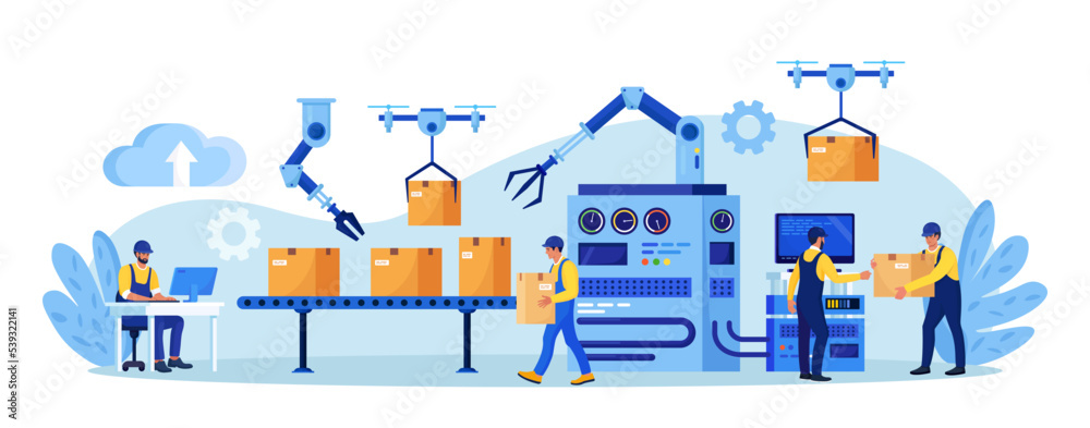 Efficient smart factory with workers, robotic arm, assembly lines. Manufacturing process, industry production. Operator controls conveyor automatic production line with boxes, high tech machinery