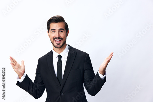 Portrait of man in expensive business suit smile with teeth happiness hands up thumbs up on white background isolated, copy place. Businessman startup technology