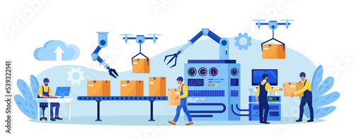 Efficient smart factory with workers, robotic arm, assembly lines. Manufacturing process, industry production. Operator controls conveyor automatic production line with boxes, high tech machinery