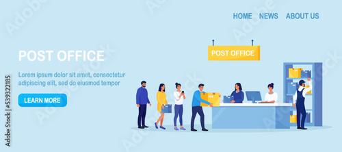 Post delivery office. Postman giving parcel to customer in postal department. People stand in queue on reception desk with postal worker giving mail package. Correspondence delivery service, postage