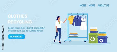 Cloth recycling. Woman packing box with clothes at wardrobe for donation. Recycle and sustainable fashion. Eco-friendly production fabric. People donate dress for benefaction. Charity, social care