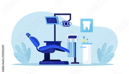 Dentist office. Dental room interior with dentist chair, lamp, drilling machine, instrument for teeth treatment. Hospital interior. Stomatology service. Clinic cabinet, orthodontist practice workplace