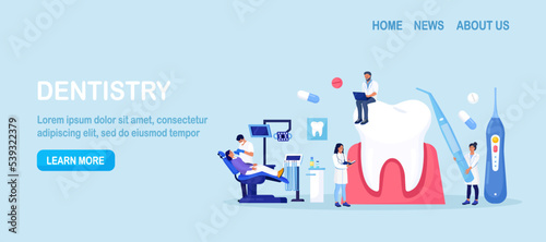 Dentist appointment, stomatology. Dental checkup, teeth care procedures. Teeth whitening and professional cleaning. Cosmetic dentistry. Dentist doctor in uniform treating tooth using medical equipment