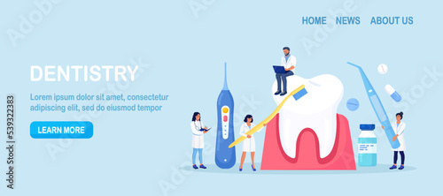 Dentist appointment, stomatology. Dental checkup, teeth care procedures. Teeth whitening and professional cleaning. Cosmetic dentistry. Dentist doctor in uniform treating tooth using medical equipment