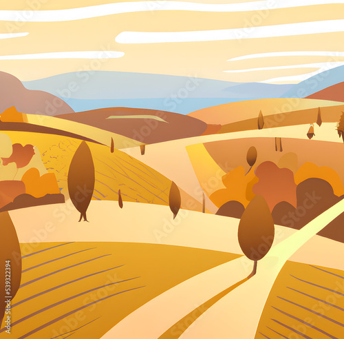 Illustration of Autumn landscape with trees  mountains  fields  leaves.