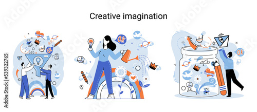 Creative mind, imagination or brainstorm or originative idea concept. Creative imagination. Phantasy space and creativity. Phantasy flow and creativity metaphor, fantasies in mind. Vision development