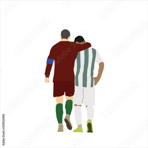 A vector of two football opponent hug each other after game on isolated white background.