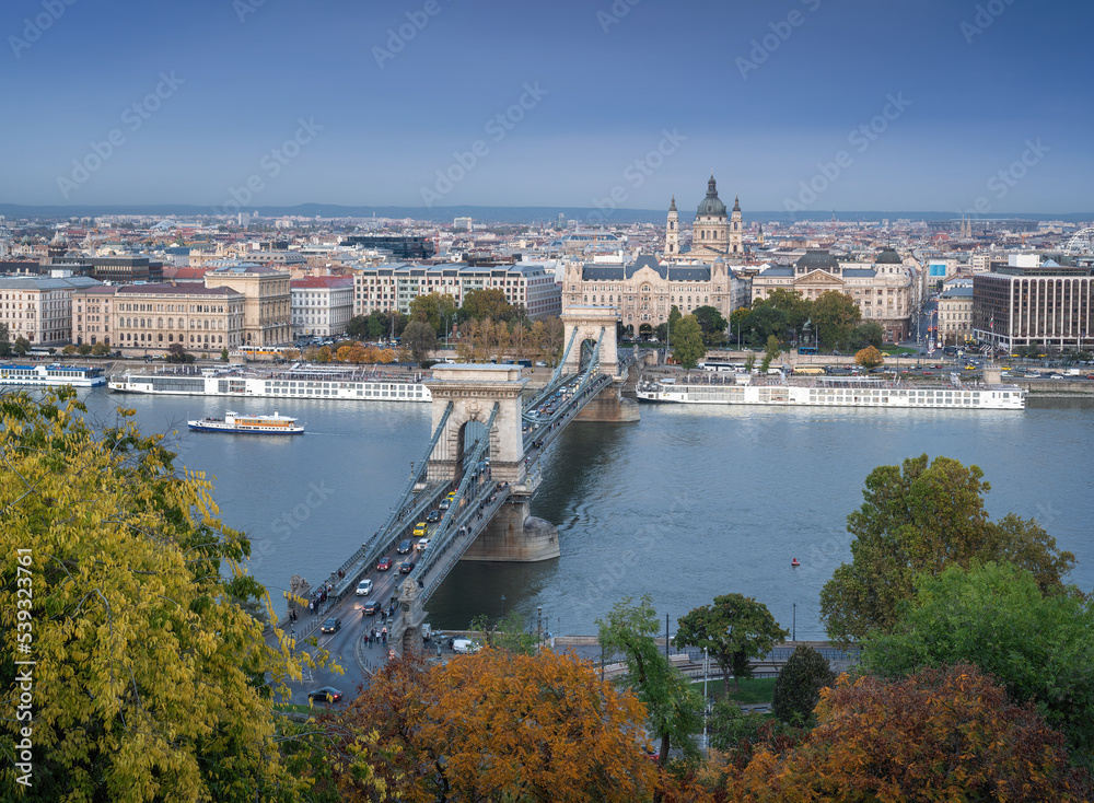 Aerial view of Szechenyi Chain Bridge, Danube River and St. Stephens Basilica - Budapest, Hungary