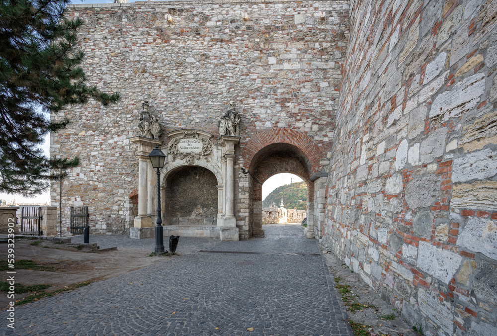 Fototapeta premium Military barracks Gate in Zeughaus Wall at Buda Castle - Budapest, Hungary