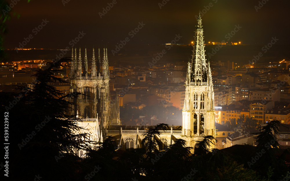 Evening view of the Burgos Cathedral from high, Burgos, Spain