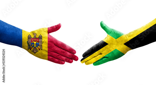 Handshake between Jamaica and Moldova flags painted on hands  isolated transparent image.