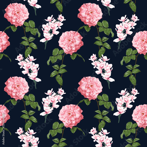 Wallpaper Mural Seamless pattern botanical pink rose and orchid flowers on abstract dark blue background.Vector illustration drawing watercolor style.For used wallpaper design,textile fabric or wrapping paper. Torontodigital.ca