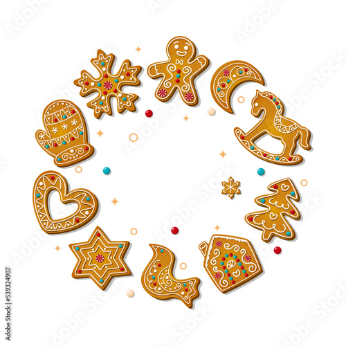 Christmas gingerbread cookies in cartoon style isolated on white background. Sweet sugar biscuits in circle composition. Festive baked xmas crackers. Cute Vector illustration