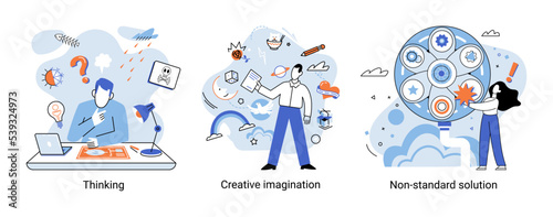 Creative thinking. People with different mental mindset types or model creative. Imaginative logical and structural thinking. MBTI person metaphor. Non standart solution. Brain think people solve idea