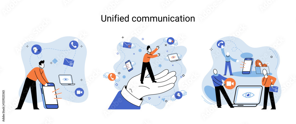 Unified communication metaphor. Characters use wireless telephony connection. Telecommunication system via cloud or network. Social media creative idea. Online social network. Business interaction app Unified communication metaphor. Characters use wireless telephony connection. Telecommunication system via cloud or network. Social media creative idea. Online social network. Business interaction app