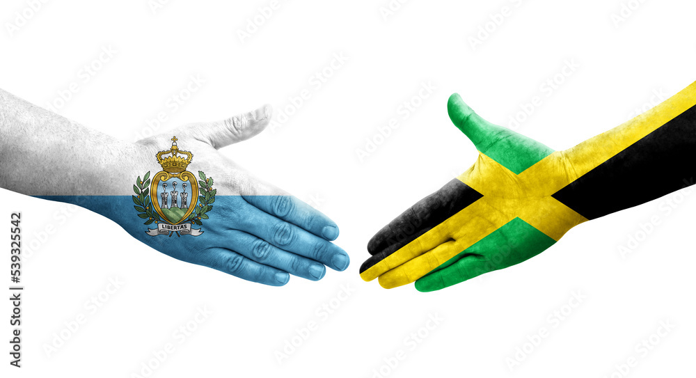 Handshake between Jamaica and San Marino flags painted on hands, isolated transparent image.