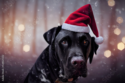 Great Dane dog in a Santa hat at Christmas
