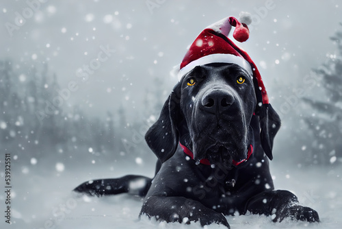 Great Dane dog in a Santa hat at Christmas