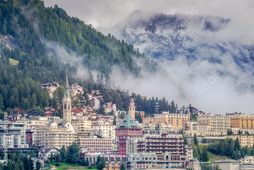 Cuadro en lienzo St Moritz cityscape under mountain mist, Engadine, Swiss alps, Switzerland