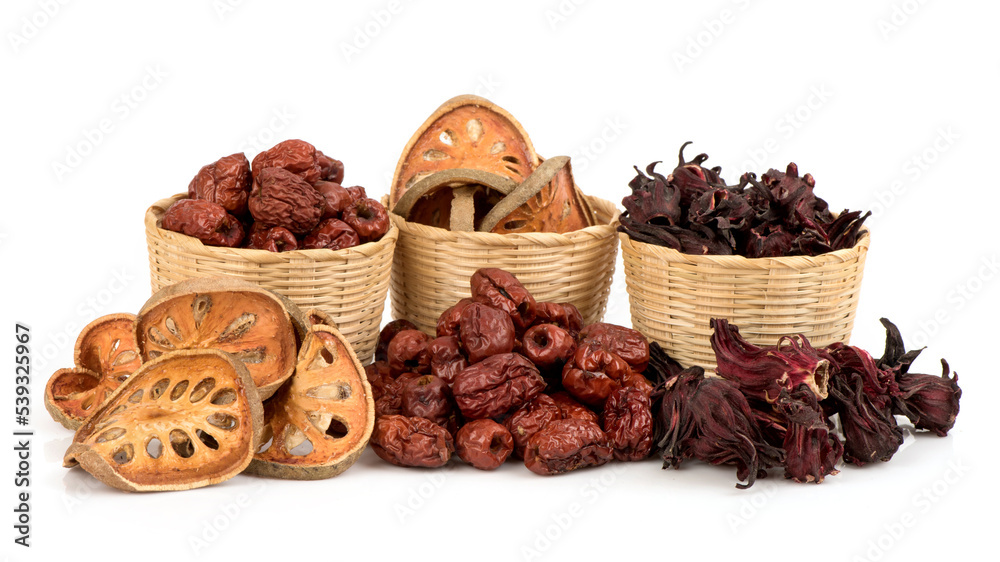 Aegle marmelos, jujube and roselle isolated on white background. Aegle marmelos, jujube and roselle isolated on white background.