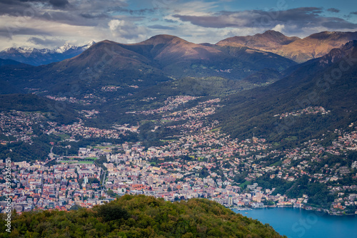 Dramatic sunset over Lake Lugano in swiss Alps, Switzerland