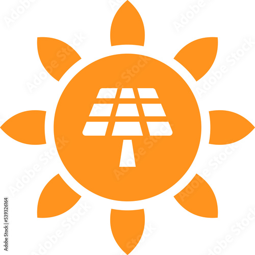 Solar panel symbol in a sun icon. Solar power concept. Orange color.