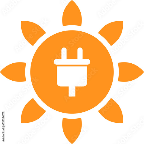 Socket plug symbol in a sun icon. Solar power concept. Orange color.