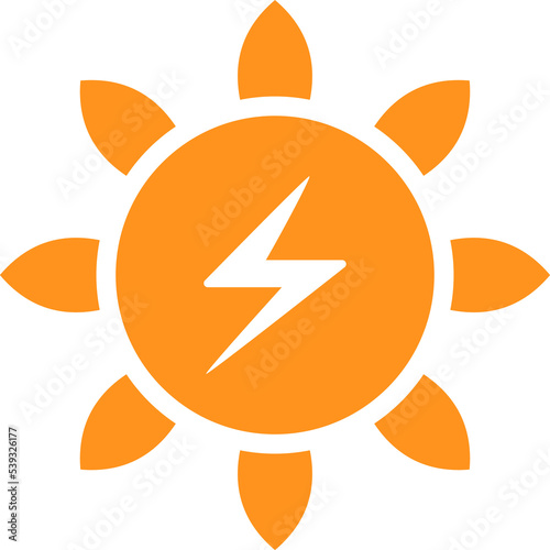 Lightning symbol in a sun icon. Solar power concept. Orange color.