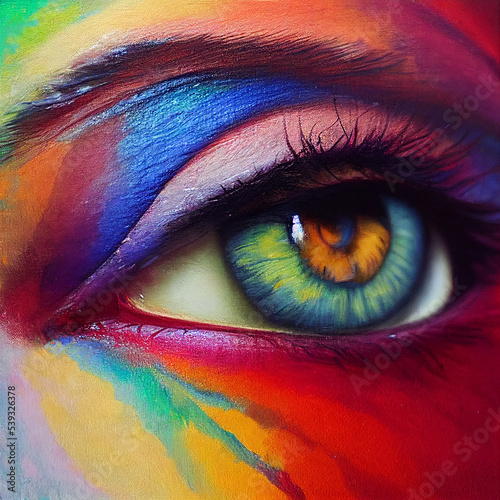 A colourful eye, painted in vibrant colours, oil on canvas, beautiful eye