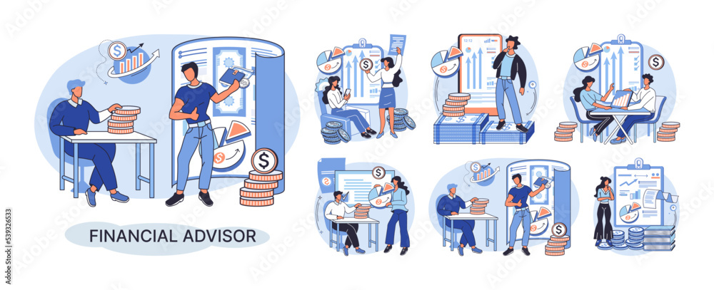 Fototapeta premium Financial advisor giving advice investment money market analysis management planning for customer. Fiscal consultant professional in finance. Business development successful vested interests metaphor