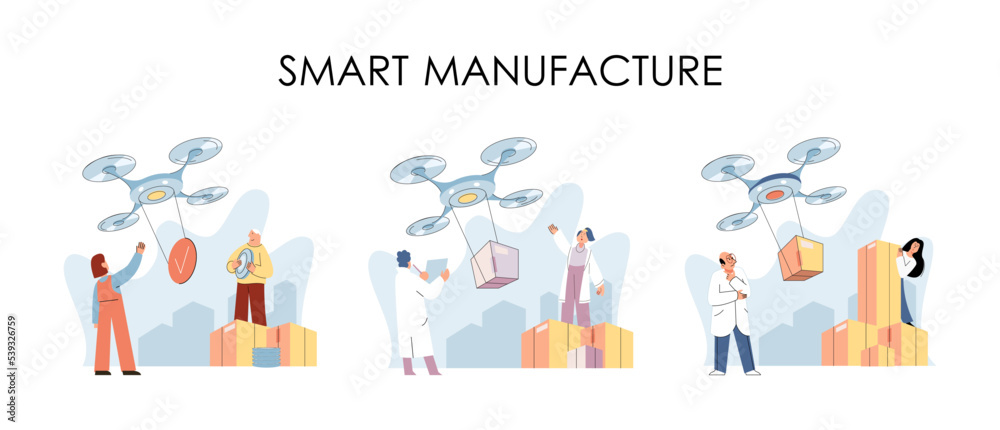 Smart logistics technology metaphor. Idea of modern transportation and distribution. People using copter delivery. Technical and science innovation. Automation and development of delivery process Smart logistics technology metaphor. Idea of modern transportation and distribution. People using copter delivery. Technical and science innovation. Automation and development of delivery process