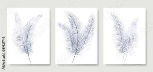 Watercolor art background with hand drawn feathers in art line style. Vector set of posters for decoration design, print, textile, interior design, wallpaper, banner.