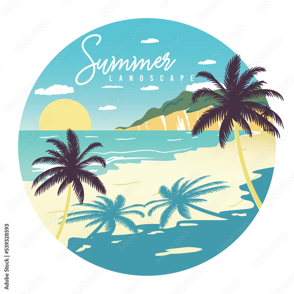Colored summer landscape with palm trees on a badge Vector