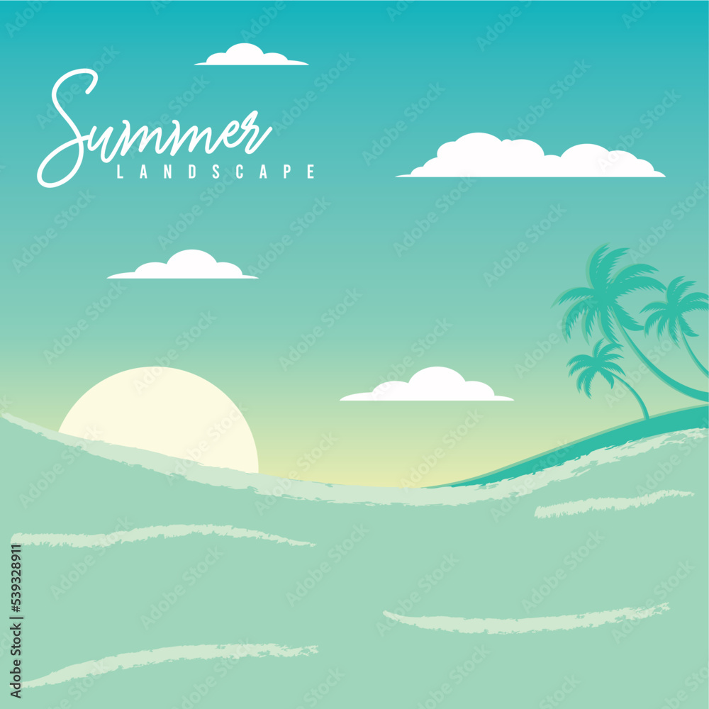 Blue summer trip scenary view with silhouettes of palm tree Vector