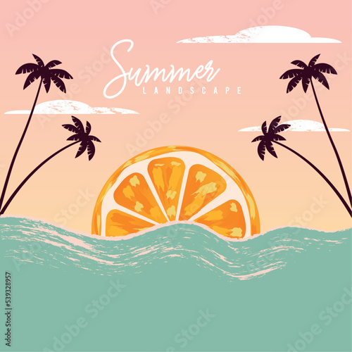 Sunset scenary view with palm trees and a conceptual sun Vector