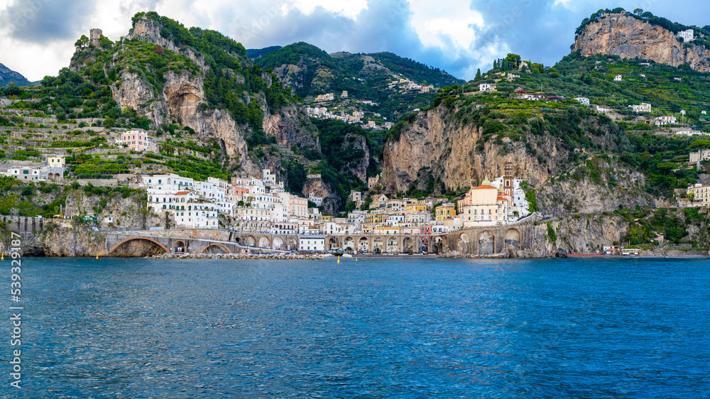 View of Atrani on the Amalfi Coast of Italy seen from the Sea