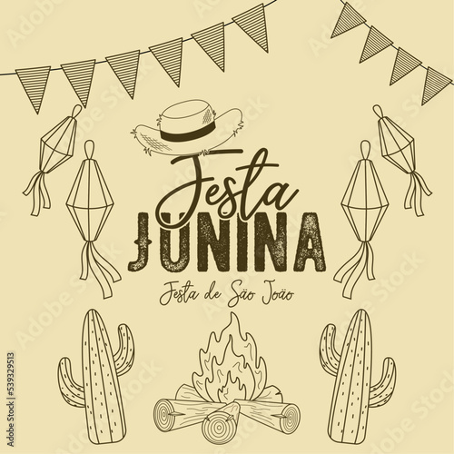 Poster with sketches of cactus and campfire Festa Junina template Vector