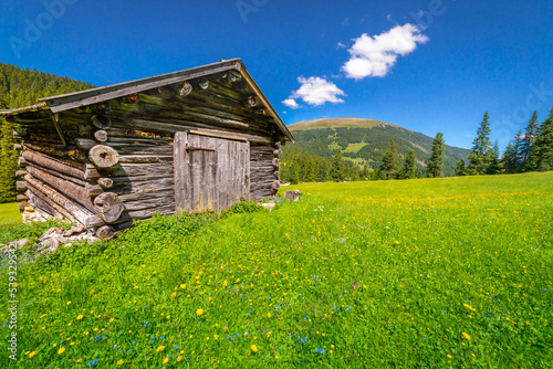Barn for hay in St Magdalena at springtime, Val di Funes, Dolomites alps, Italy