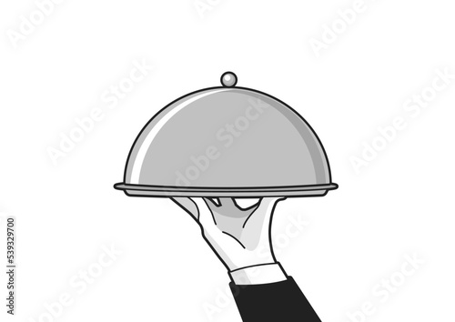 Waiter serving with tray. Waiter hand with tray and metal cloche lid cover. vector